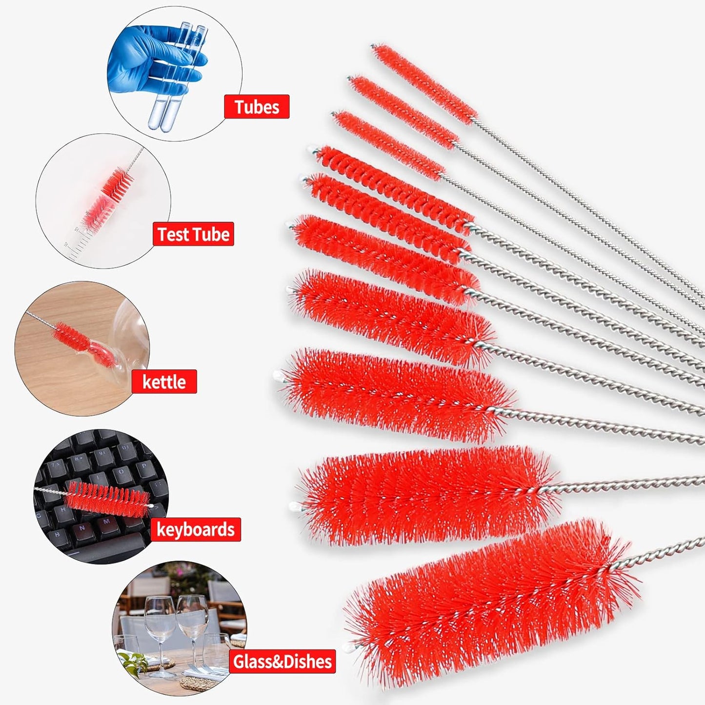 CiaraQ Bottle Cleaning Brushes, 8 Inch Nylon Tube Brush Set, Cleaner for Narrow Neck Bottles Cups with Hook, Set of 10pcs