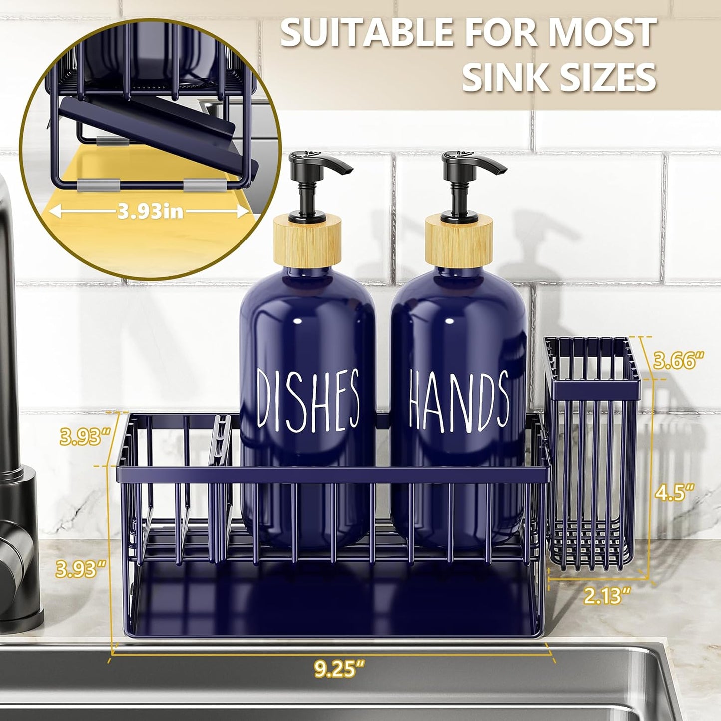 Cisily Kitchen Dish Soap Dispenser Set with 2 Pack 16.9oz Black Glass Bottle and Sponge Holder, Dish Soap Dispensers with Adjustable Sponge Holder, Vintage Hand and Dish Soap Dispensers Set