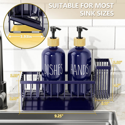Cisily Kitchen Dish Soap Dispenser Set with 2 Pack 16.9oz Black Glass Bottle and Sponge Holder, Dish Soap Dispensers with Adjustable Sponge Holder, Vintage Hand and Dish Soap Dispensers Set