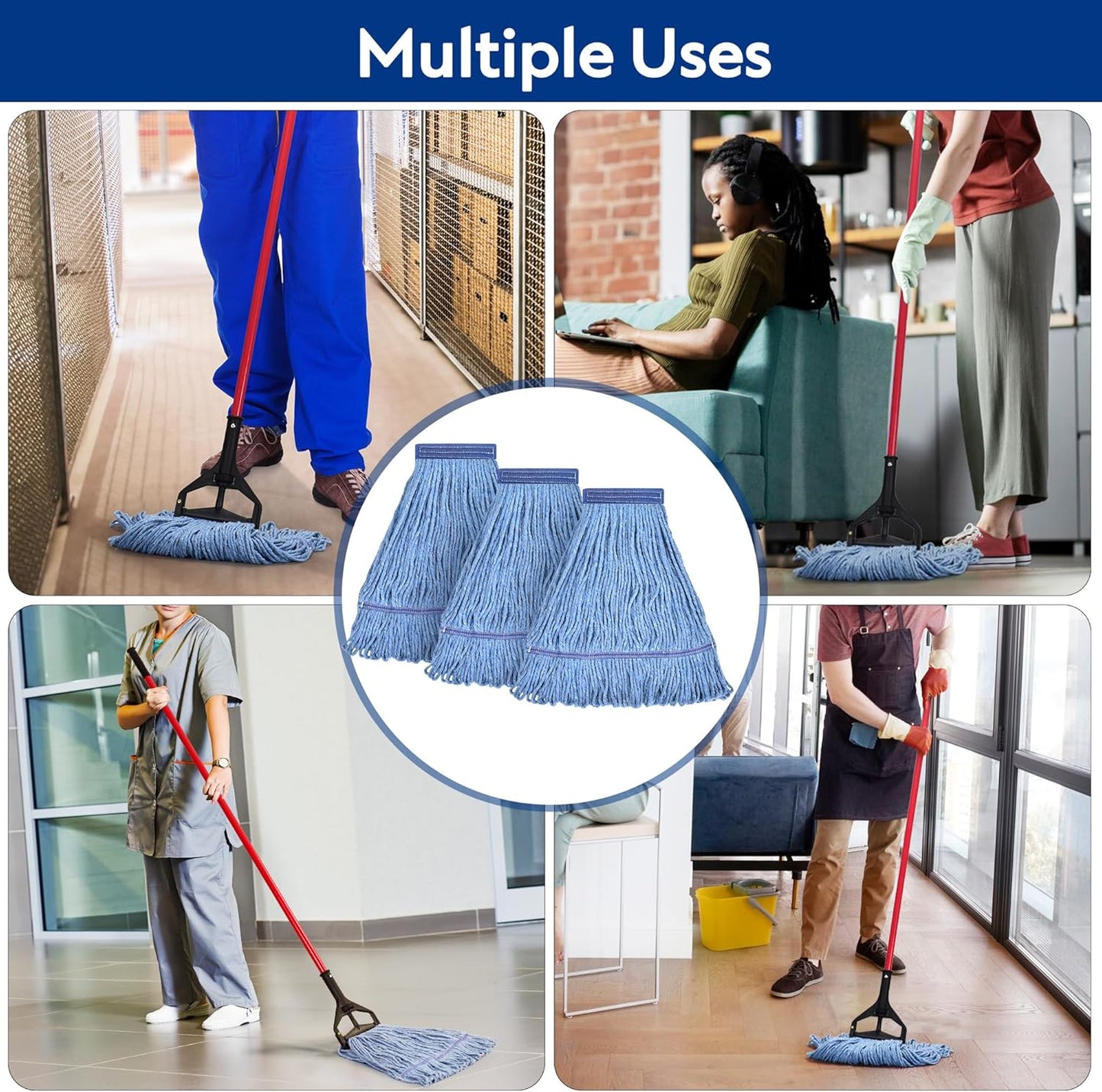 Matthew Cleaning Heavy Duty Mop Head Commercial Replacement for General and Floor Cleaning , Wet Industrial Blue Cotton Looped End String Head Refill (Pack of 6) Blue