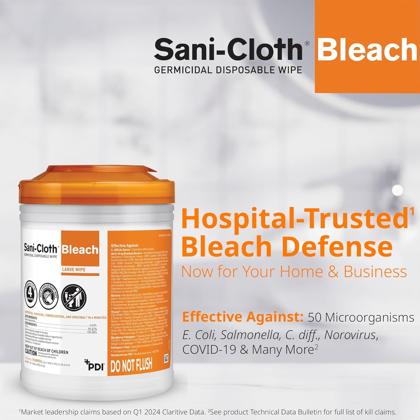 Sani-Cloth Bleach Disposable Wipes, Full Case, Hospital-Grade Surface Disinfecting Wipes for Healthcare and Bathroom, Large Wipe, 6" x 10.5", 75 Wipes per Canister, 12 Canisters Total, 900 Total Wipes