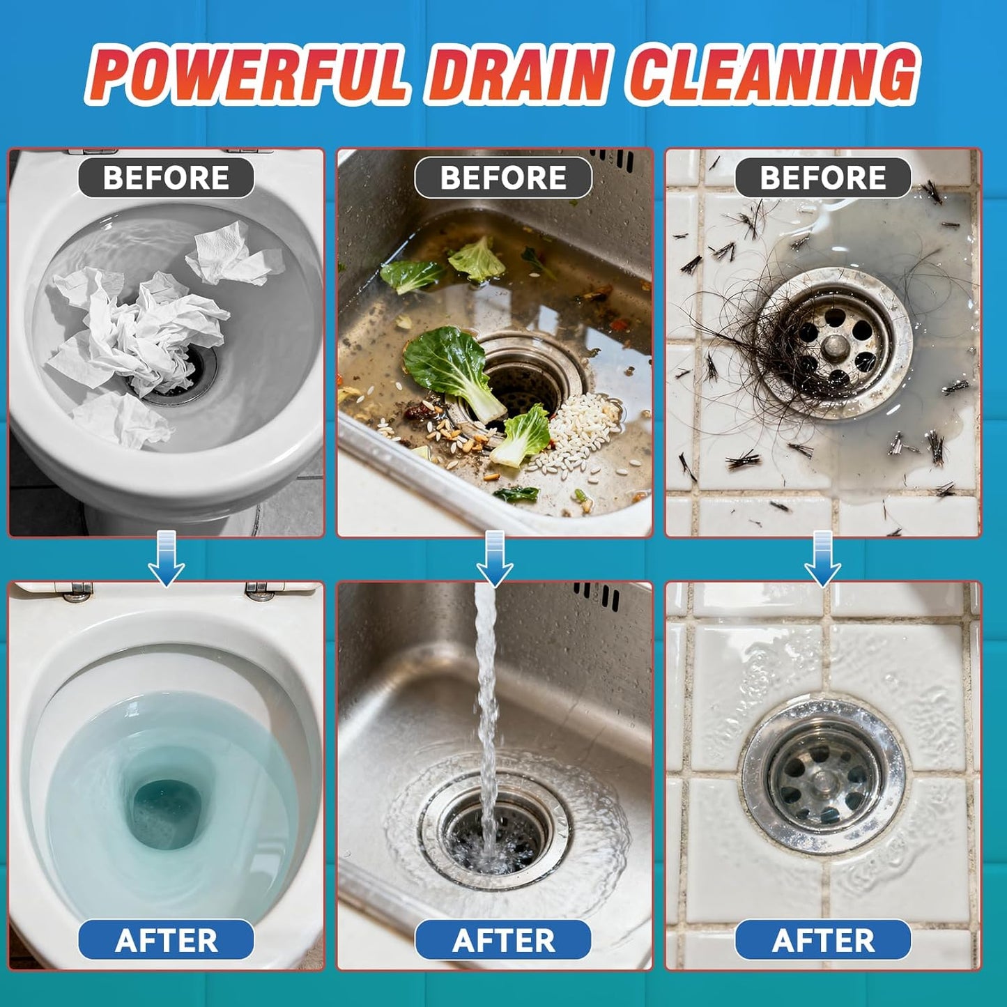 Drain Clog Remover, Crystal Lye Drain Opener, Hair Drains Clog Remover Unclog Bathroom and Kitchen Sinks, Drains, Shower Pipes, Removes Hair, Soap Scum, Blockages, 260g