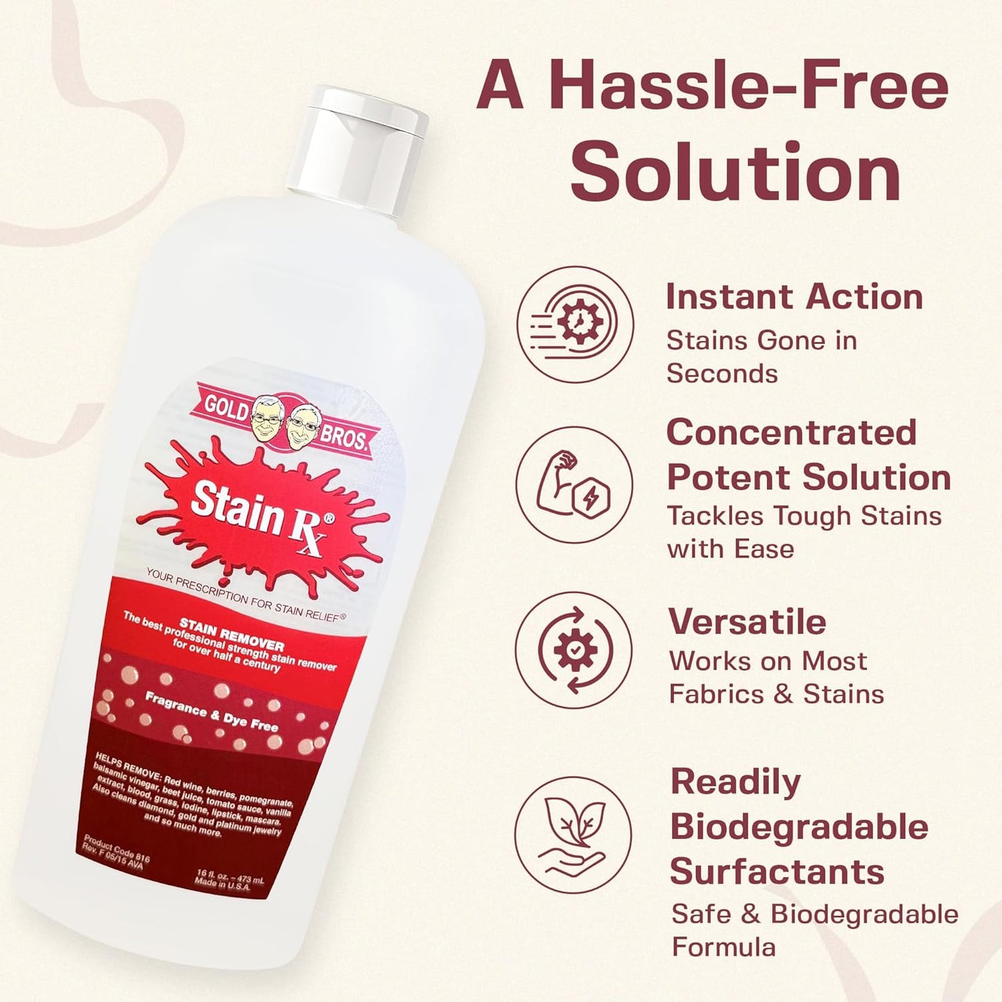 Stain Remover, Effectively Eliminates Stains from Wine, Berries & Blood on Fabrics, Carpets, Upholstery & Jewelry, Dye-Free, Free from Bleach, Peroxides & Phosphates, Made in USA, 10 oz