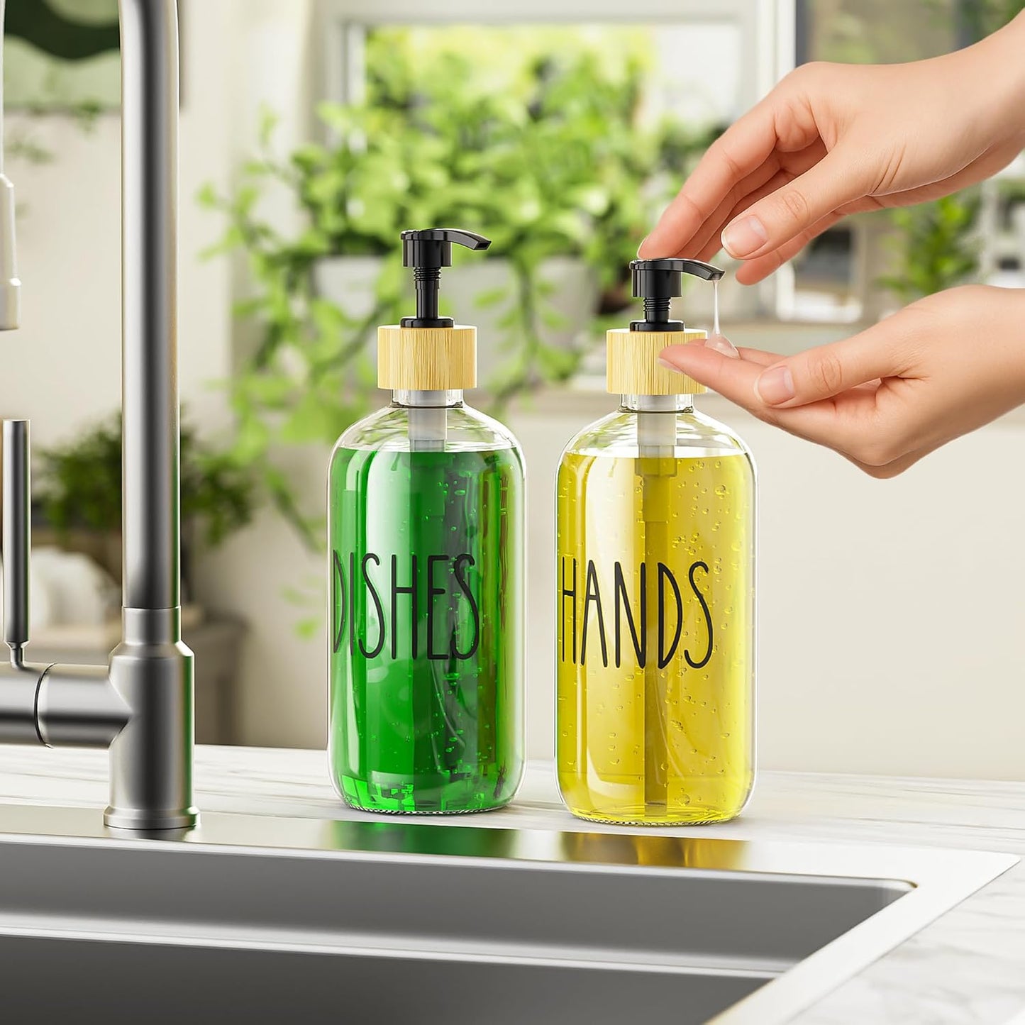 Cisily Kitchen Dish Soap Dispenser Set with 2 Pack 16.9oz Black Glass Bottle and Sponge Holder, Dish Soap Dispensers with Adjustable Sponge Holder, Vintage Hand and Dish Soap Dispensers Set