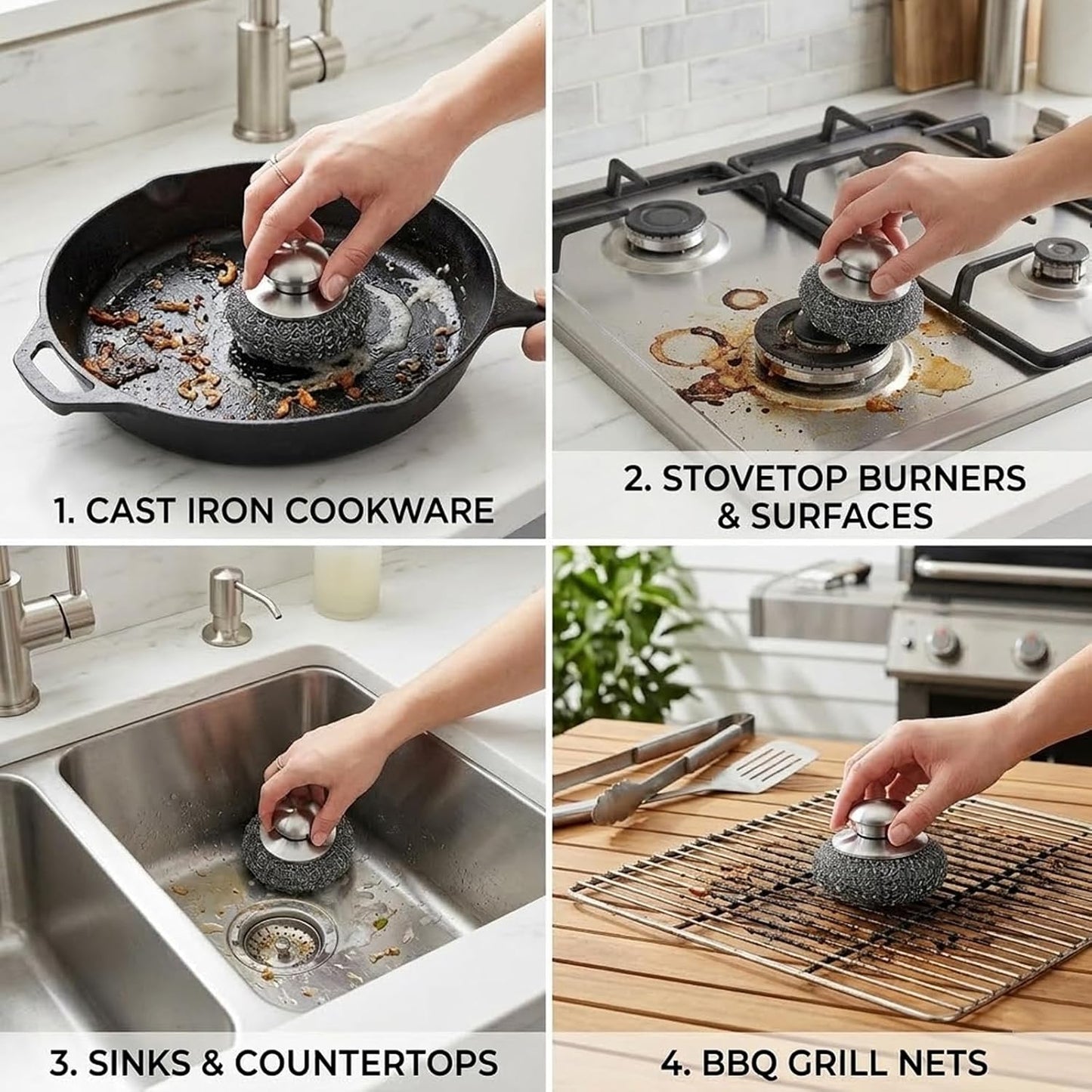 Steel Wool Scrubber, 4-Pack Stainless Steel Scrubber Pads with Handle - The Ultimate Scouring Solution for Rust, Stubborn Messes on Cookware, Grill, Oven & Kitchen Sinks