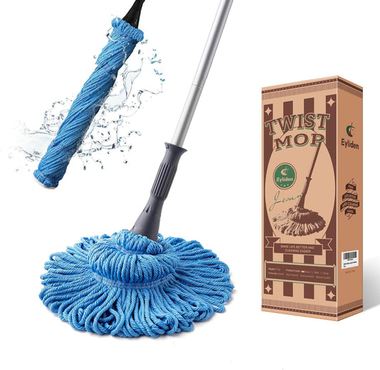 Eyliden Mop with 2 Reusable Microfiber Heads, Easy Wringing Twist Mop, 57.5 inch Long Handle, Wet Mops for Floor Cleaning, Commercial Household Clean Hardwood, Vinyl, Tile, and More (White)