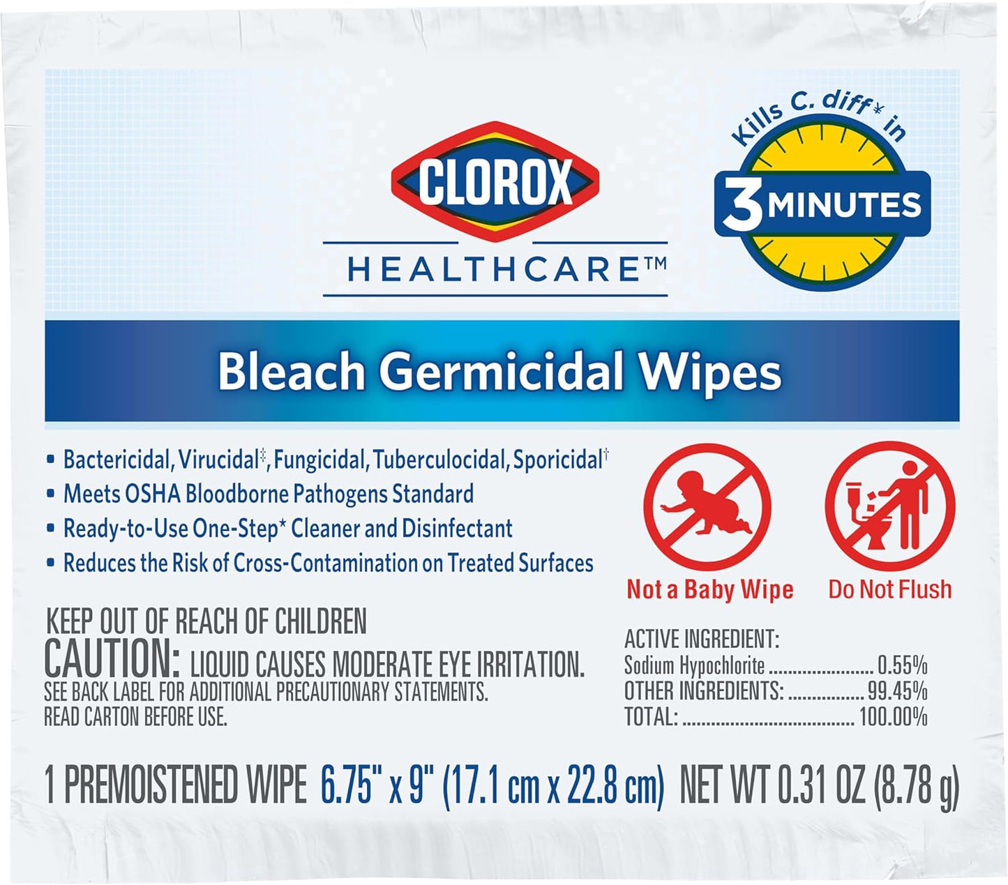 Clorox Healthcare Bleach Germicidal Wipes Bucket, 12" x 12", 110 Count Bucket (Package May Vary)