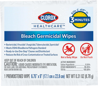 Clorox Healthcare Bleach Germicidal Wipes Bucket, 12" x 12", 110 Count Bucket (Package May Vary)