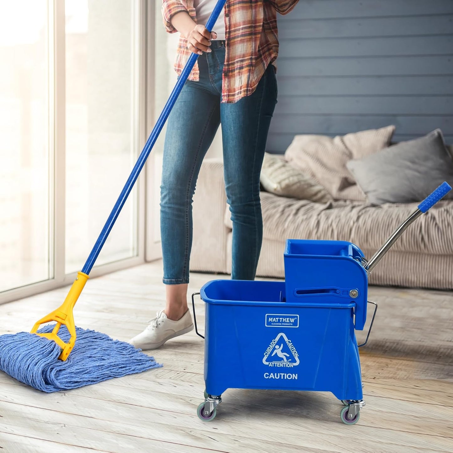Matthew Cleaning 34 Quart Commercial Mop Bucket INCL.Wet String Mop with Side Press Wringer On Wheels,Heavy Duty Tandem Portable Floor Cleaning Wavebrake,Ideal for Household,Industrial,Restaurant