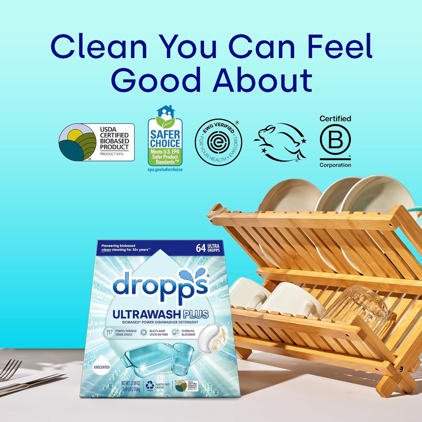 Dropps UltraWash Plus Dishwasher Detergent Pods, Unscented (64 Ct) Free & Clear | Triple Action | Built In Rinse Aid | Cuts Grease & Stuck-On Food | Sparkling Dishes | Residue-Free | Clean Ingredients