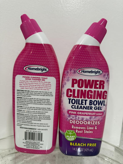 HOMEBRIGHT Power Clinging Toilet Bowl Cleaner Gel, Pink Grapefruit Scent, Bleach Free, 14.5 fl oz, 2 Pack
