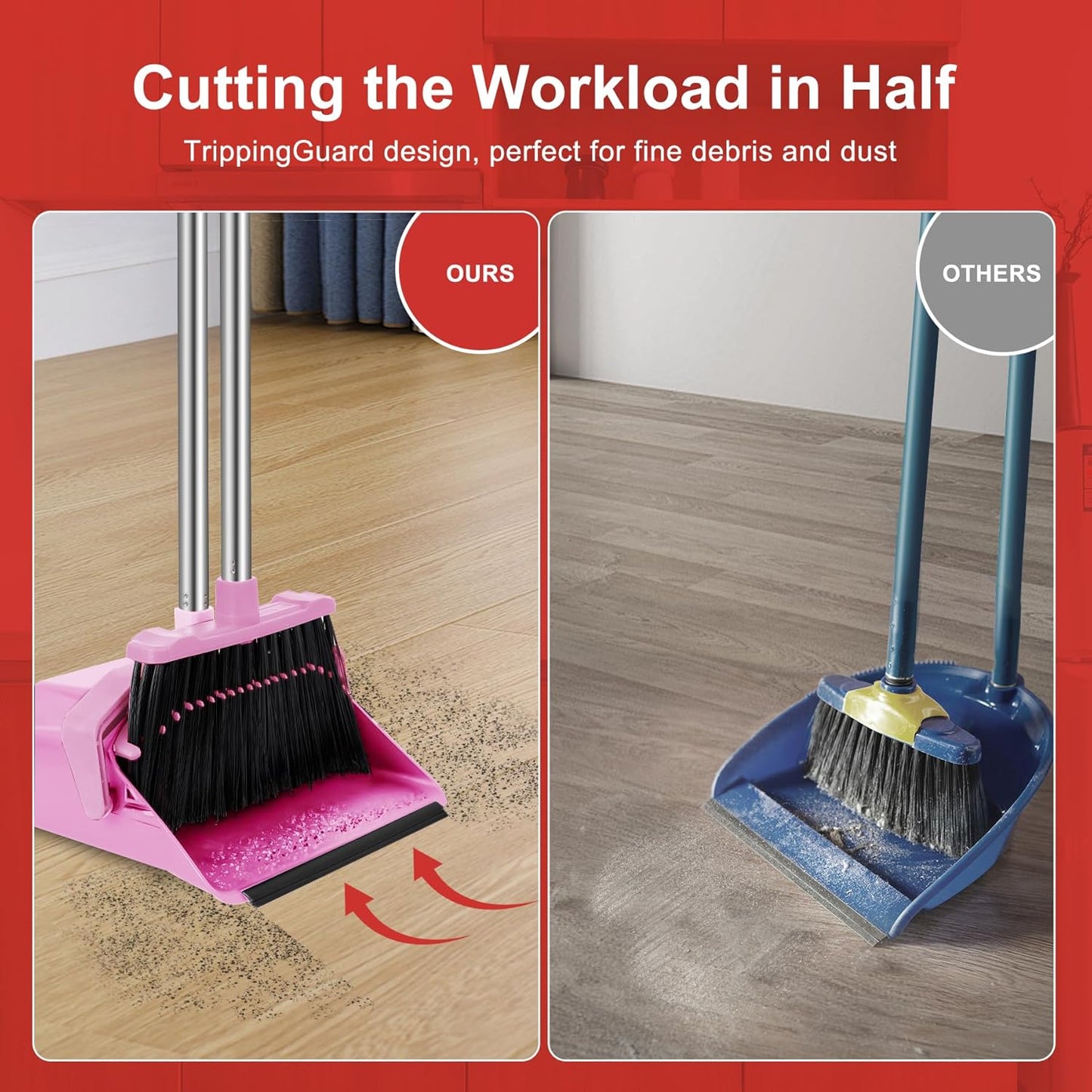 Tiumso Upgrade Broom and Dustpan Set, Broom with Dustpan Combo Sets, Large Brooms and Dust Pan with Handle, Self-Cleaning Dust Pans, Heavy Duty Broom and Dustpans Set for Lobby Kitchen Office - Green