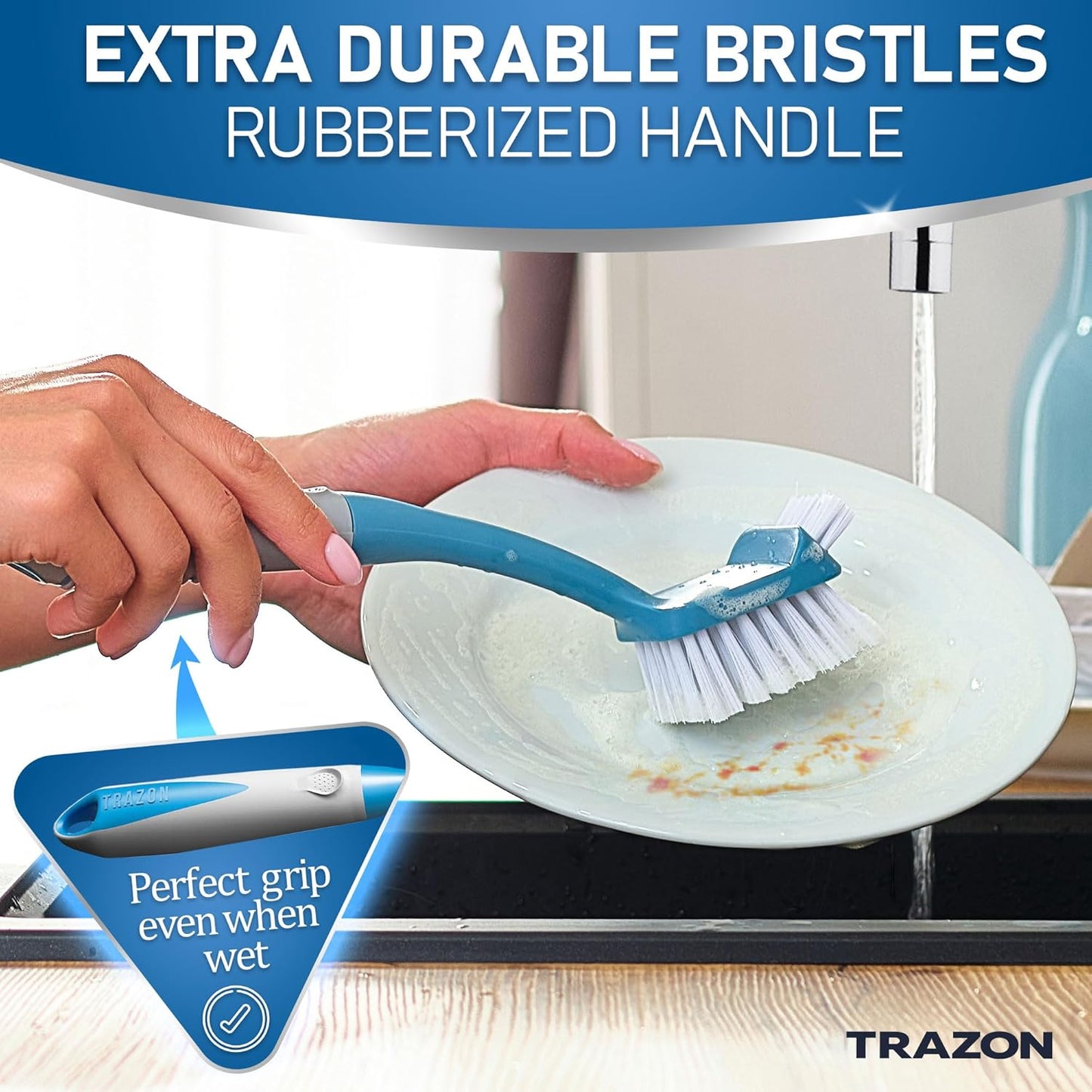 Dish Brush Set of 5 with Holder - Kitchen Scrub Brushes with Non-Slip Long Handle for Cleaning, Scrubber, Dishwashing, Dishes, Bottles, Straws, Cups, Pots & Sink, Black