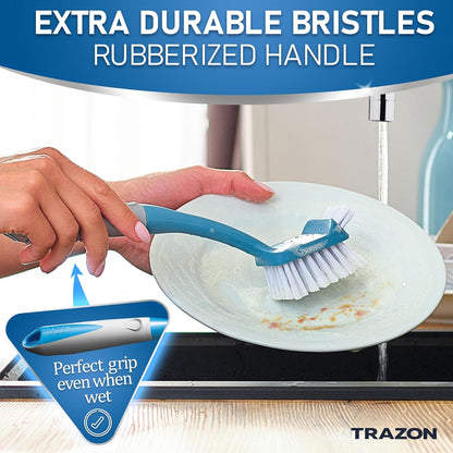 Dish Brush Set of 5 with Holder - Kitchen Scrub Brushes with Non-Slip Long Handle for Cleaning, Scrubber, Dishwashing, Dishes, Bottles, Straws, Cups, Pots & Sink, Black