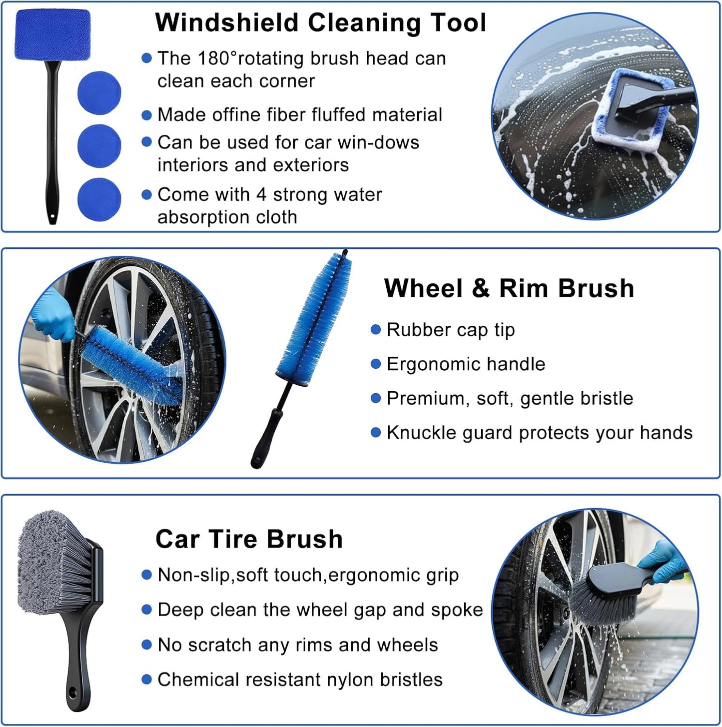 32-Piece Car Detailing Kit with Drill Brush Attachments & Polishing Pads – Professional Auto Detailing Brushes, Wheel & Tire Cleaning Tools with Storage Bag (Blue)