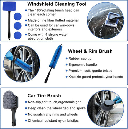 32-Piece Car Detailing Kit with Drill Brush Attachments & Polishing Pads – Professional Auto Detailing Brushes, Wheel & Tire Cleaning Tools with Storage Bag (Blue)