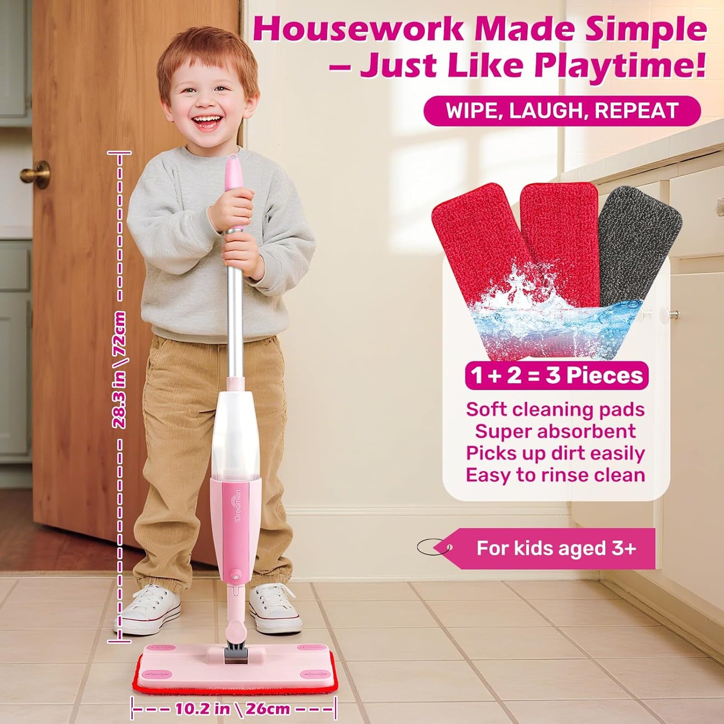 Dreamon Kids Spray Mop - Real Working Toddler Cleaning Set with Water Sprayer & 3 Washable Mop Pads & Scraper, Pretend Play Montessori Housekeeping Toys Gifts for Toddlers Kids Girls Boys(Blue)