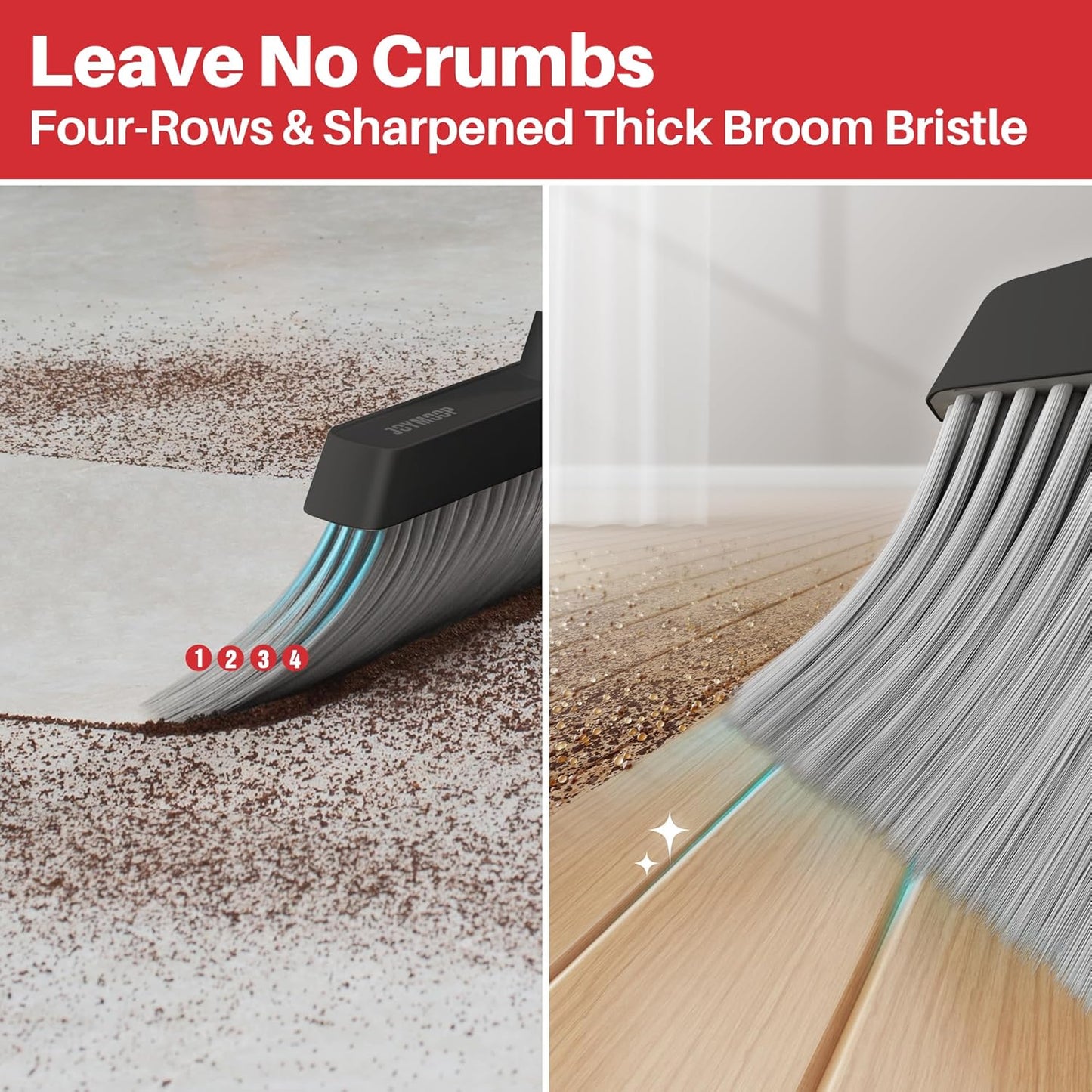 JOYMOOP White Broom and Dustpan Set, Upright Angle Design with Built-in Comb Teeth for Kitchen, Office, Pet Hair, Hard Floors