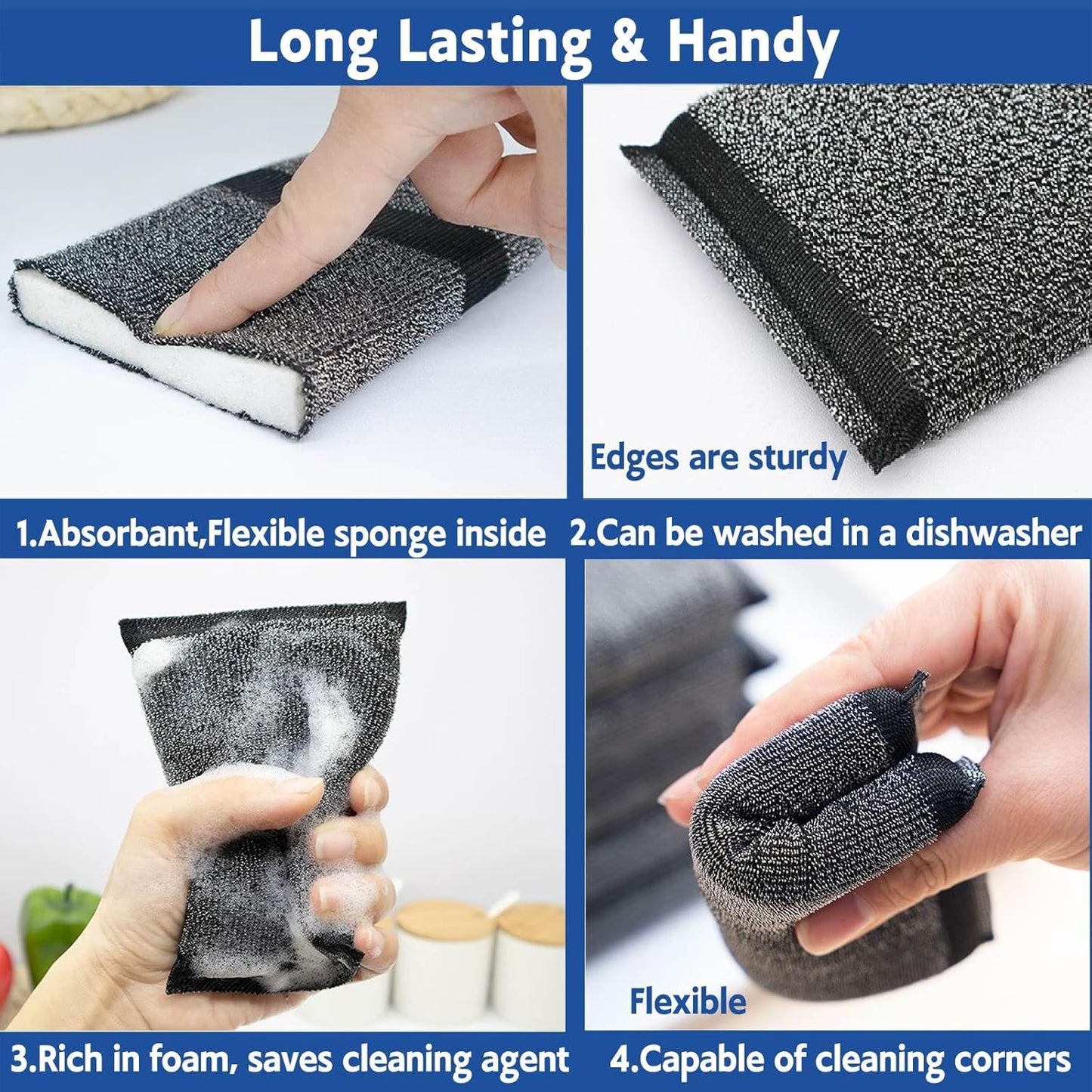 Kitchen Sponges for Dishes Steel Wool Scrubber Sponges for Kitchen Heavy Duty Non-Scratch Scrubbing Cleaner (6 Pack) (Colours)