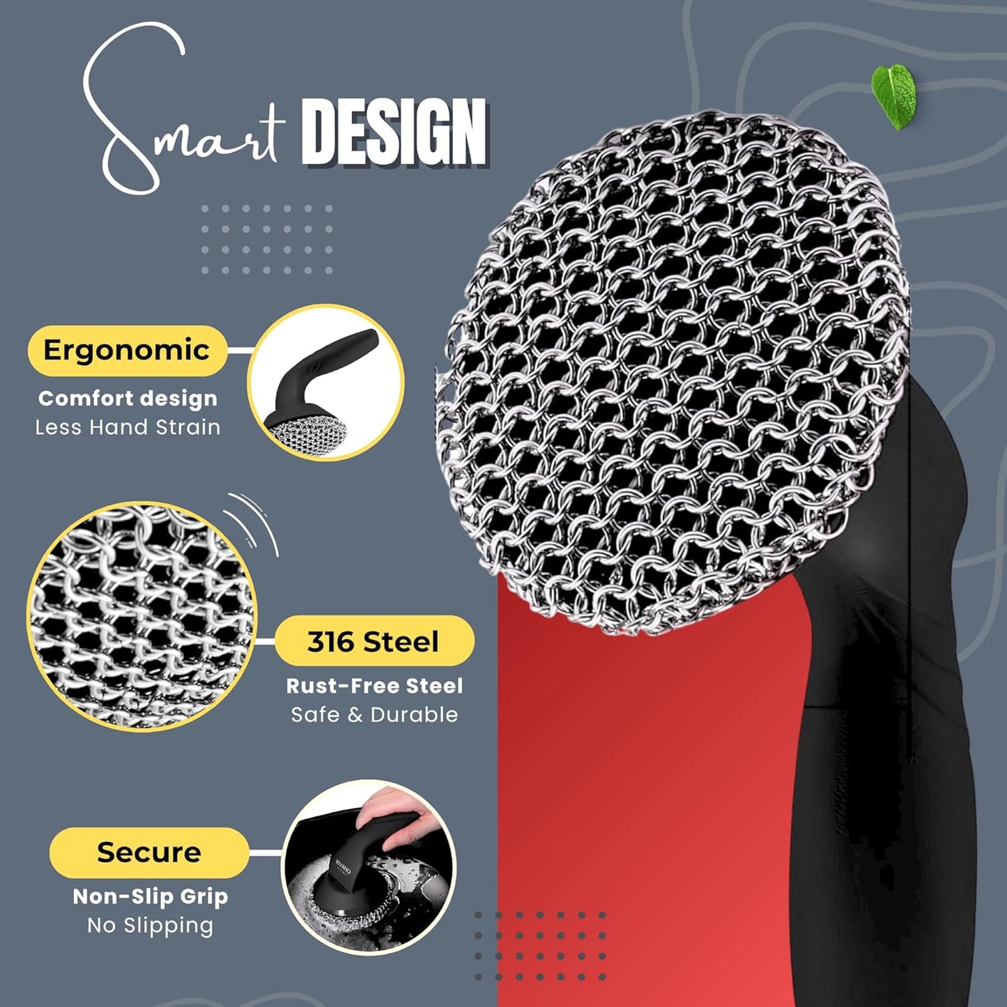 KIVANO Cast Iron Scrubber with Pan Scraper, 316L Chainmail Scrubber, Long Handle Cast Iron Cleaner for Dishes, Pans, Grills, Upgraded Chain Mail Scrubber for Grill Pan Skillet Wok Carbon Steel