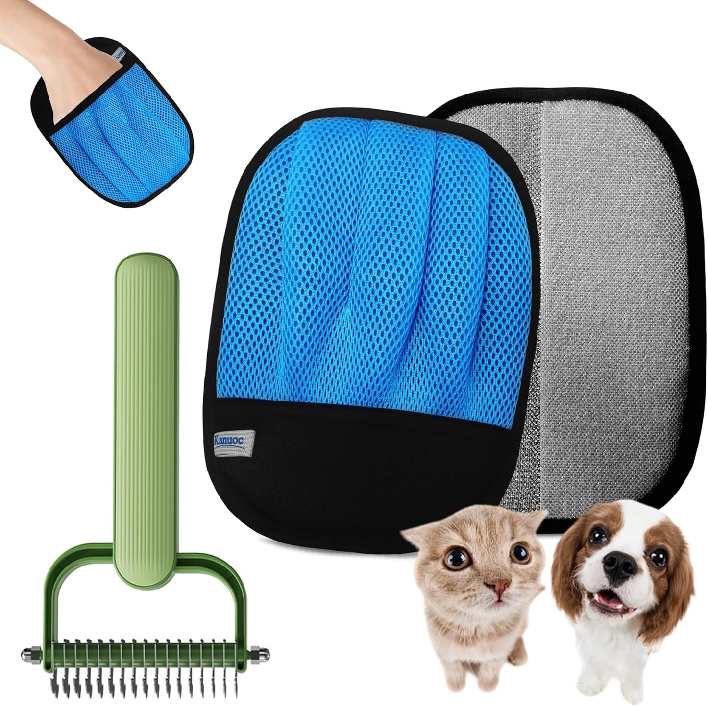 Carpet Rake for Pet Hair Removal, 54" Adjustable Long Handle 3 in 1 Carpet Rake & Pet Hair Removal Gloves for Cat Dog Fur Remover for Carpets, Rugs, Mats and Furniture(with 2 Hooks)