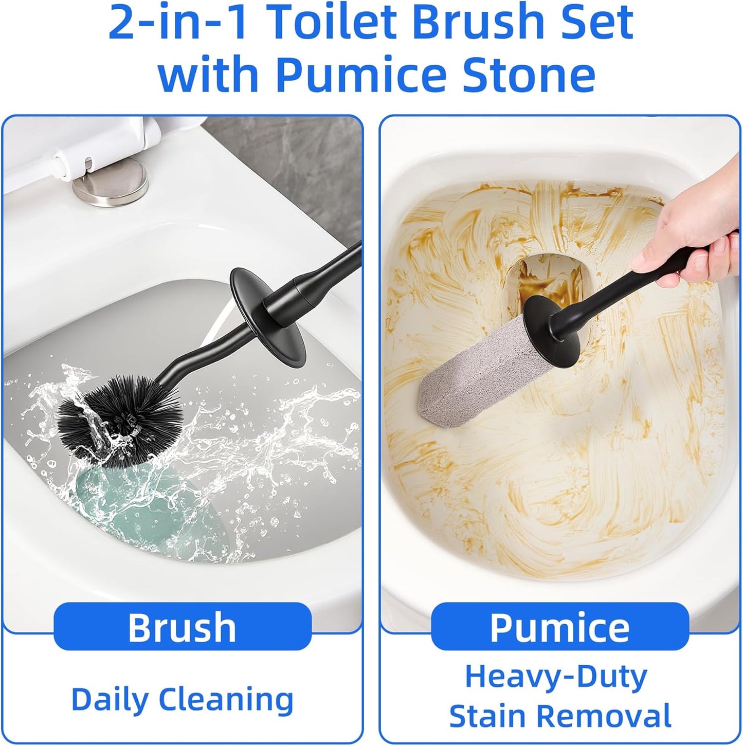 Toilet Brush and Holder Set with Pumice Stone – Long Handle Toilet Bowl Brush, Anti-Splash Scrubber, Ventilated Drip-Free Base, Deep Cleaner for Hard Water Stains, Limescale, Toilet Rings, Grey