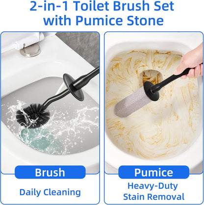 Toilet Brush and Holder Set with Pumice Stone – Long Handle Toilet Bowl Brush, Anti-Splash Scrubber, Ventilated Drip-Free Base, Deep Cleaner for Hard Water Stains, Limescale, Toilet Rings, Grey