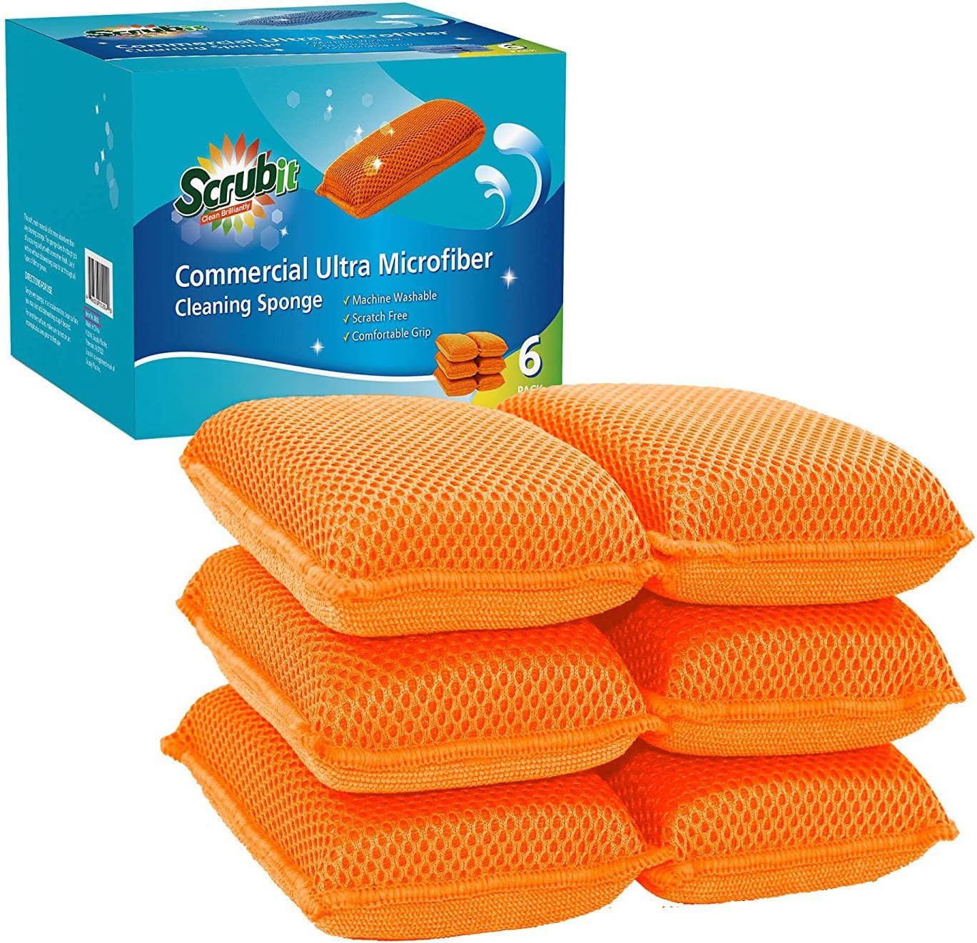 Miracle Microfiber Kitchen Sponge by Scrub-It (6 Pack) - Non-Scratch Heavy Duty Dishwashing Cleaning sponges- Machine Washable - (Blue)