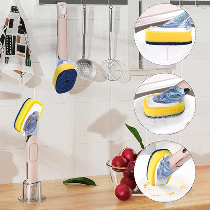 Dish Brush with Soap Dispenser Storage Set with 2 PCS Sponge Refills & Holder, Soap Dispensing Dish Brushes, Sponge with Soap Dispenser Handle, Dish Sponges with Handle for Dishes Pans Pots Sink