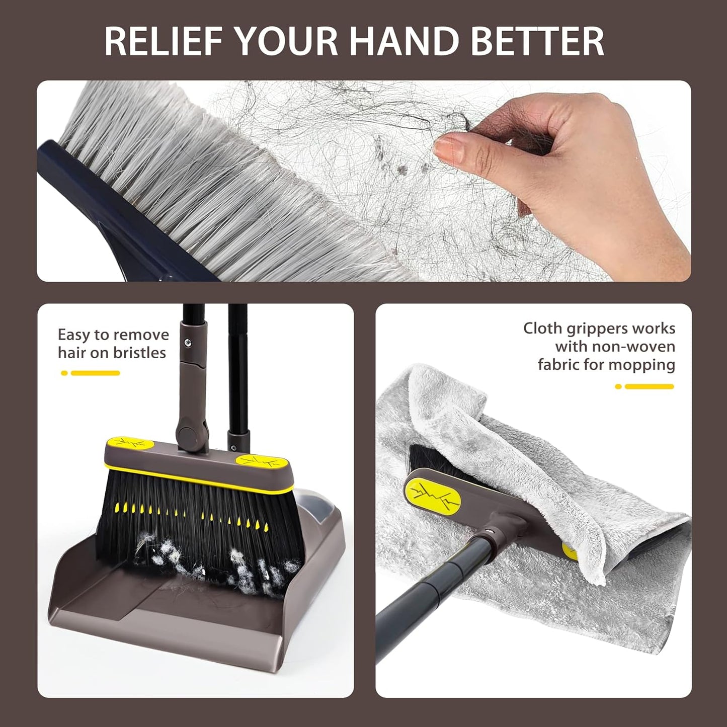 JEHONN Broom and Dustpan Set for Home, 54 Inches Long Handle Lightweight 180 Degree Rotating Indoor Upright Standing Dust Pan with Comb Teeth, Store Sweep Set for Room Kitchen Lobby Office