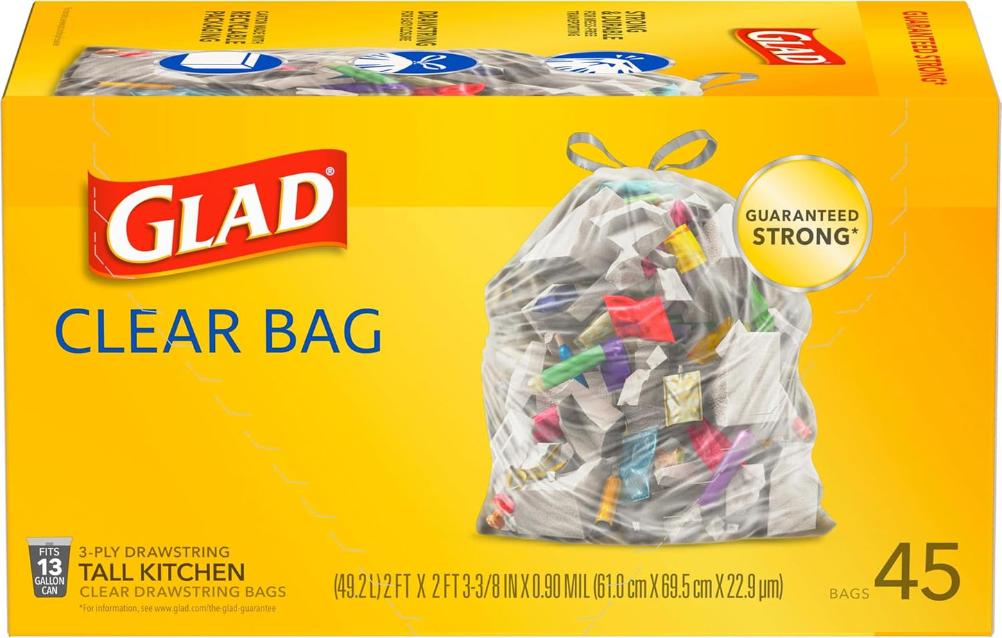 Glad Tall Kitchen Drawstring Bags, Clear, 13 Gallon, 45 Count (Package May Vary)
