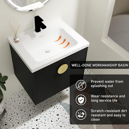 SSLine Modern 24-Inch Bathroom Vanity with Sink Wall Mounted Bathroom Vanity with Top Basin & Storage Cabinet White Wood Floating Vanity w/Ceramic Sink & Gold/Black Handles for Small Space
