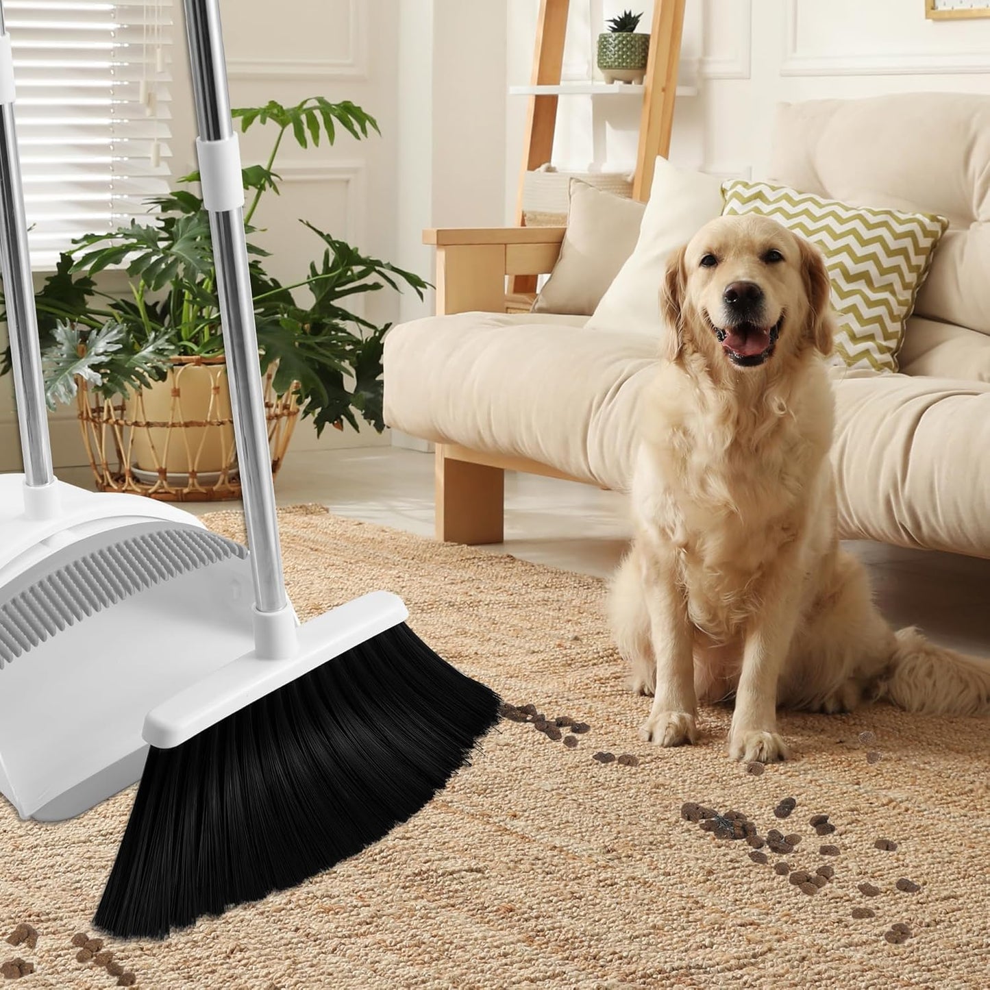 BSKLIN Broom and Dustpan Set, Broom with Dustpan Combo Set with Teeth to Clean Pet Hair 52-in Long Adjustable Handle Broom for Home Office Kitchen Lobby(White) (White)