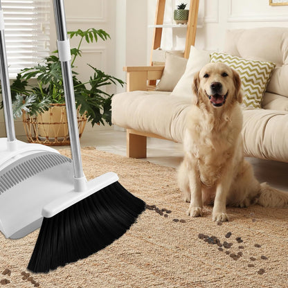BSKLIN Broom and Dustpan Set, Broom with Dustpan Combo Set with Teeth to Clean Pet Hair 52-in Long Adjustable Handle Broom for Home Office Kitchen Lobby(White) (White)