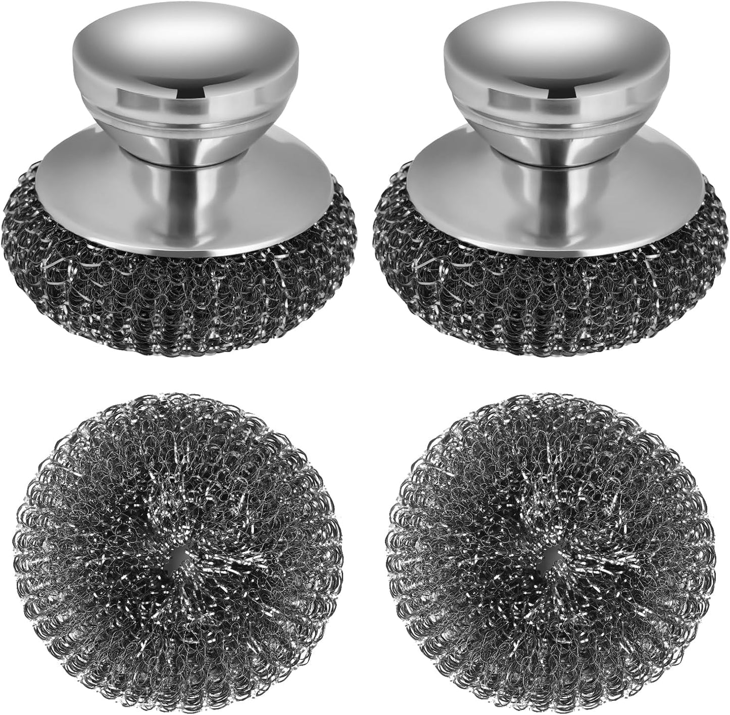 Onewly 4Pcs Steel Wool Scrubber Set, Stainless Steel Scrubber with Stainless Steel Handle, for Cleaning Dishes, Cast Iron, Stock Pots, Pans, Griddles, Grills
