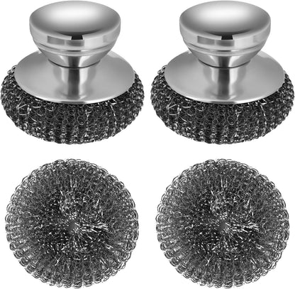 Onewly 4Pcs Steel Wool Scrubber Set, Stainless Steel Scrubber with Stainless Steel Handle, for Cleaning Dishes, Cast Iron, Stock Pots, Pans, Griddles, Grills