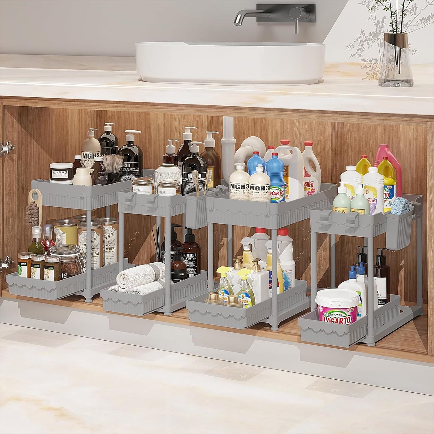 Sevenblue 4 Pack Under Sink Organizer, Bathroom Organizers and Storage, 2 Tier Multi-Use Pull Out Cabinet Organizer with Hang Hooks and Cups (Black, 4 Pack)
