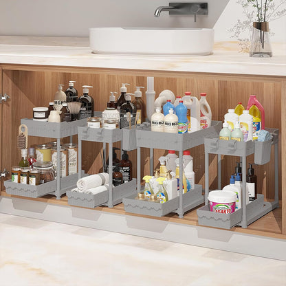 Sevenblue 4 Pack Under Sink Organizer, Bathroom Organizers and Storage, 2 Tier Multi-Use Pull Out Cabinet Organizer with Hang Hooks and Cups (Black, 4 Pack)