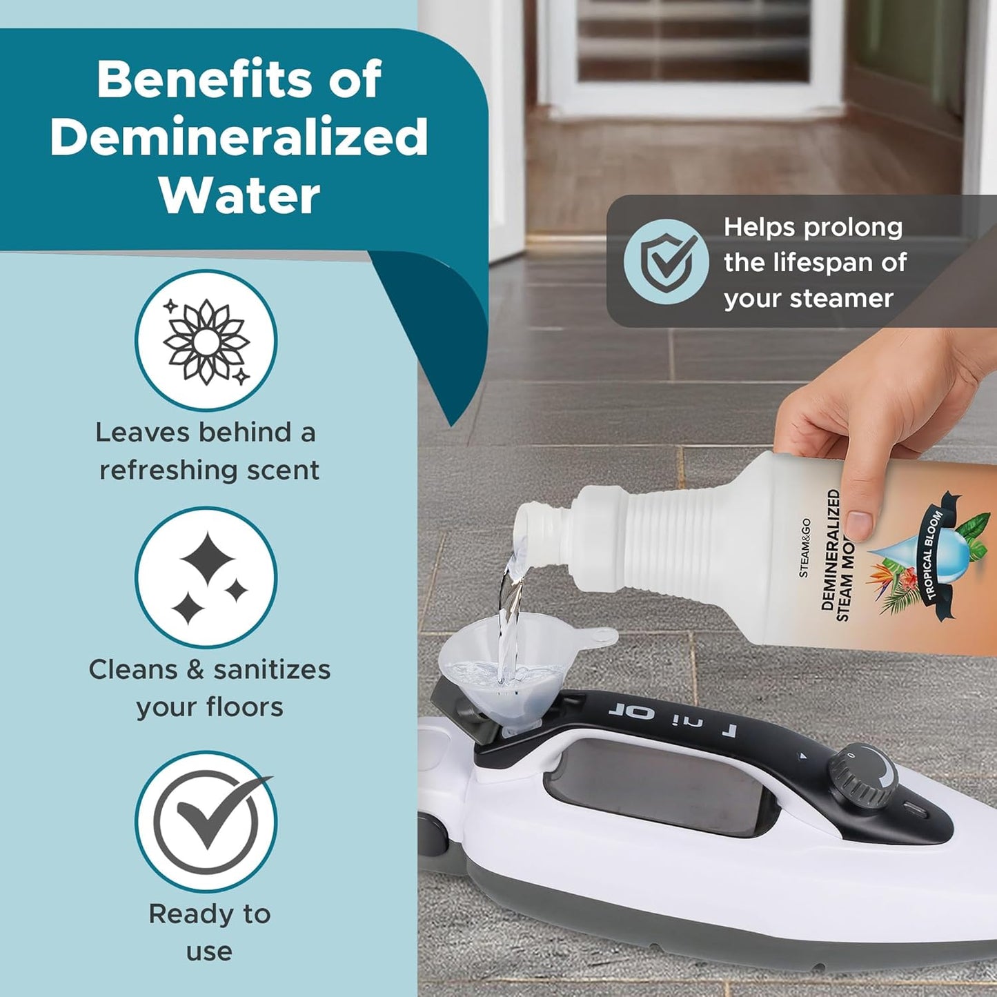 Steam & Go Demineralized Water for Steam Cleaner - PVC-Free Floor Cleaning Solution Compatible for All Steam Mops - Multi-Surface Cleaner for Home Surfaces - Tropical Bloom Scent, 32 oz