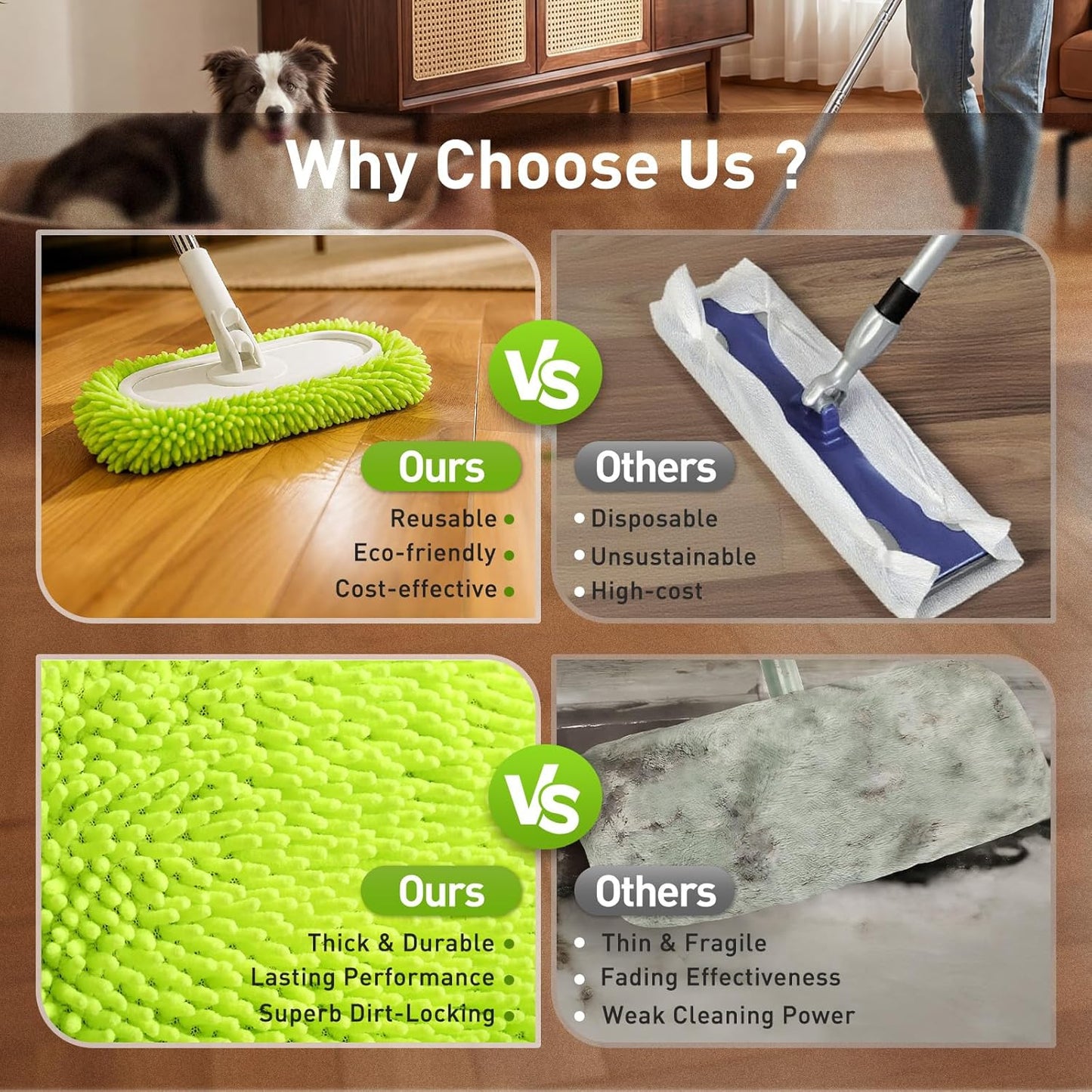 6 Pack Reusable Microfiber Mop Pads Compatible with Sweeper Mops, Replacement Mopping Pads Dry Sweeping Cloths, Washable Chenille Flat Mops Refills for Mopping Floor Cleaning (Mop is not Included)