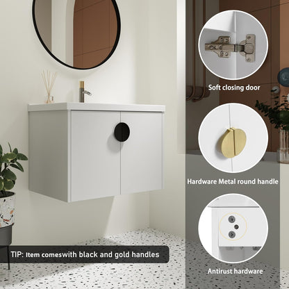 SSLine Modern 24-Inch Bathroom Vanity with Sink Wall Mounted Bathroom Vanity with Top Basin & Storage Cabinet White Wood Floating Vanity w/Ceramic Sink & Gold/Black Handles for Small Space