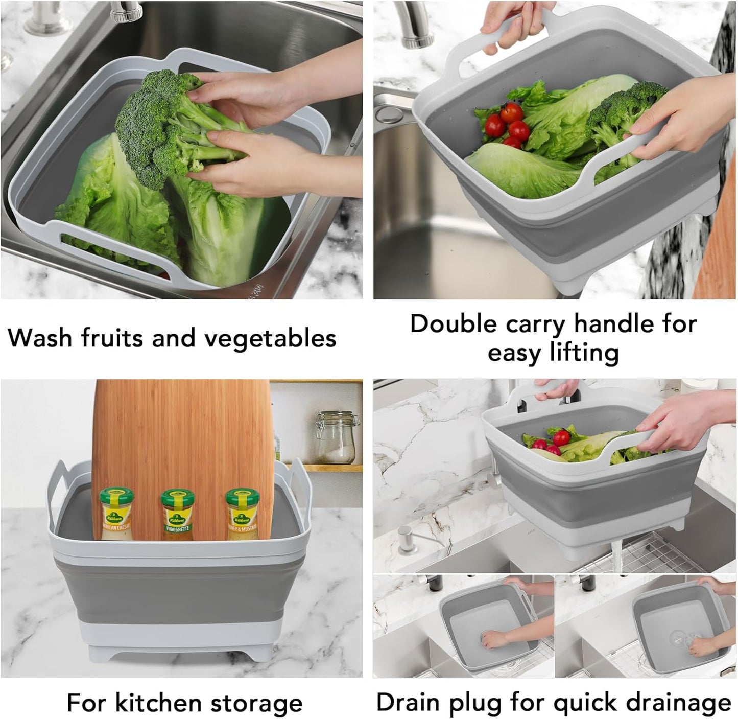 2 Pack Dishpan for Washing Dishes, 2.4Gal/9L Wash Basin with Draining Plug Carry Handles, Collapsible Bucket for Cleaning, Portable Sink, Foldable Plastic Tub