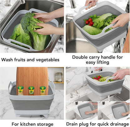 2 Pack Dishpan for Washing Dishes, 2.4Gal/9L Wash Basin with Draining Plug Carry Handles, Collapsible Bucket for Cleaning, Portable Sink, Foldable Plastic Tub