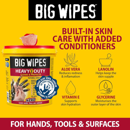 BIG WIPES Heavy Duty Industrial Hand Cleaning Wipes, Textured Scrubbing Degreaser Wipes for Mechanics and Tool Cleaner – 240 Count Bucket (1 Pack)