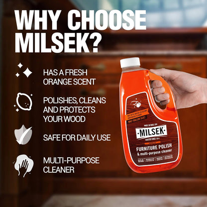 Milsek Furniture Polish and Wood Cleaner with Orange Oil - Multipurpose Cleaning Supplies for Home and Household from Hardwood Floors to Kitchen Cabinets- 12 Fl Oz (Pack of 1)