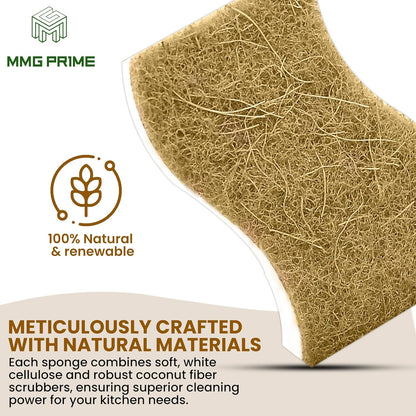 Natural Kitchen Sponge –12-Pack Biodegradable Sponges for Dishes –Compostable Dish Washing Scrubbers – Eco Friendly Non-Scratch Cellulose & Coconut Husk Scrubber Sponges for Cleaning