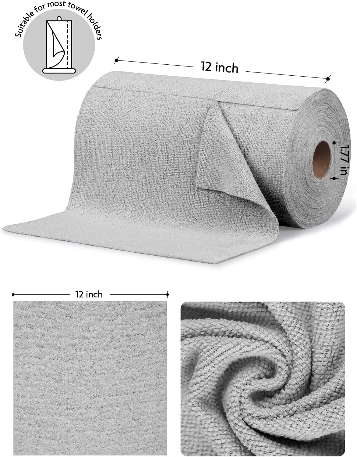 Fantasticlean Microfiber Cleaning Cloth Roll -75 Pack, Tear Away Microfiber Towels, 12" x 12", Reusable, Washable, Scratch Free, Ultra Absorbent Dishcloth for All-Around Cleaning Supplies (White)