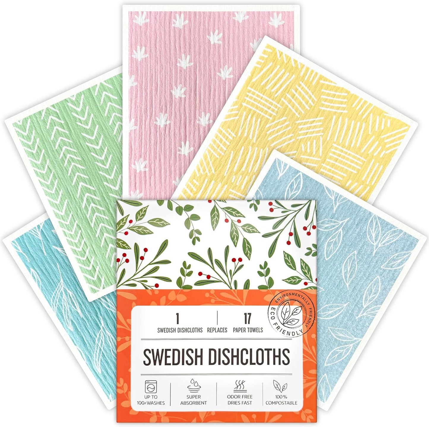 Swedish Dishcloths for Kitchen, Swedish Dish Cloths 5 Pack, Super Absorbent Reusable Paper Towels Washable, Biodegradable, Quick Drying, Dishwasher Safe