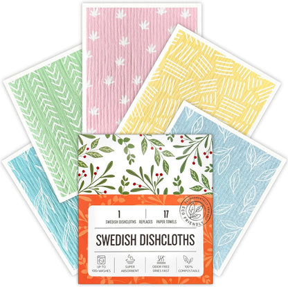 Swedish Dishcloths for Kitchen, Swedish Dish Cloths 5 Pack, Super Absorbent Reusable Paper Towels Washable, Biodegradable, Quick Drying, Dishwasher Safe