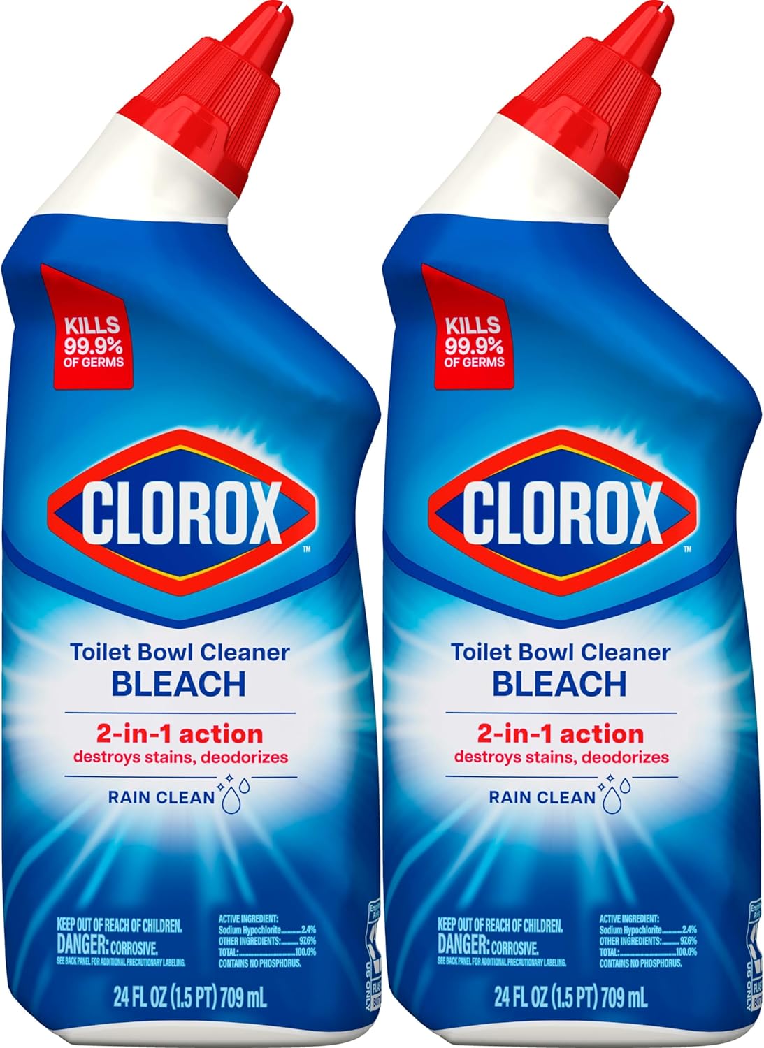 Clorox Toilet Bowl Cleaner Bleach, Rain Clean, 24 Fluid Ounces, Pack of 2 (Package May Vary)